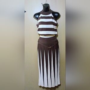 Brown and White Striped Women's Knit Skirt Set